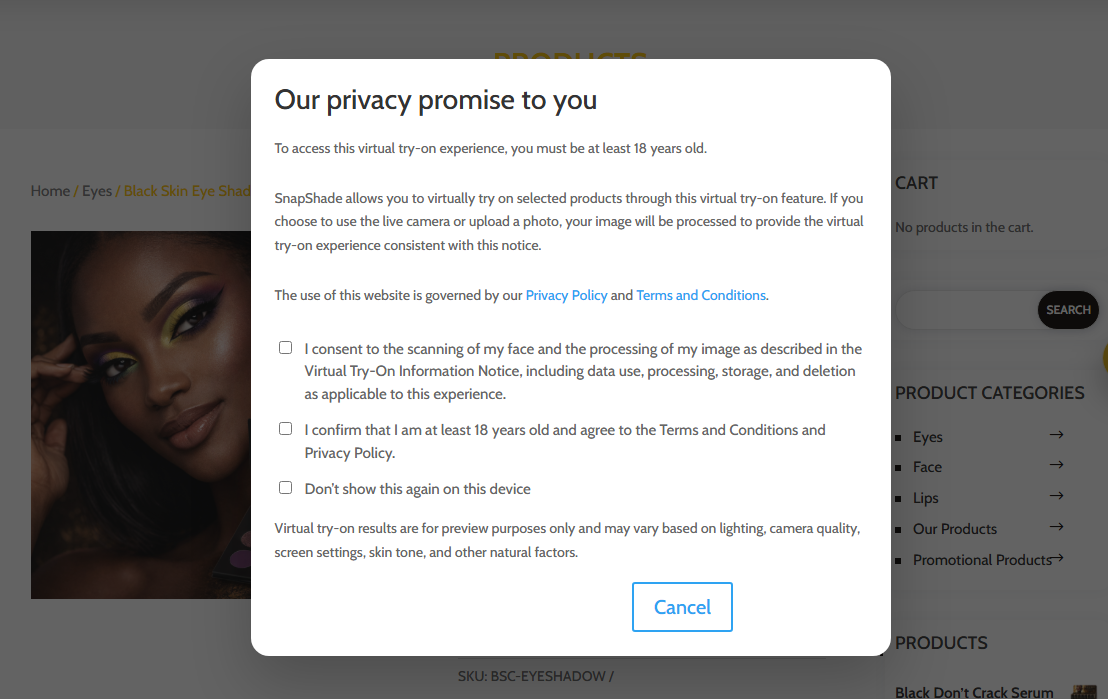 SnapShade privacy and consent popup